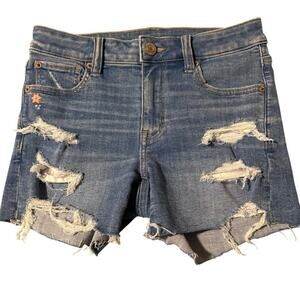 American Eagle Jean Shorts Midi Distressed Embroidered Sz 2 Next Level Stretch